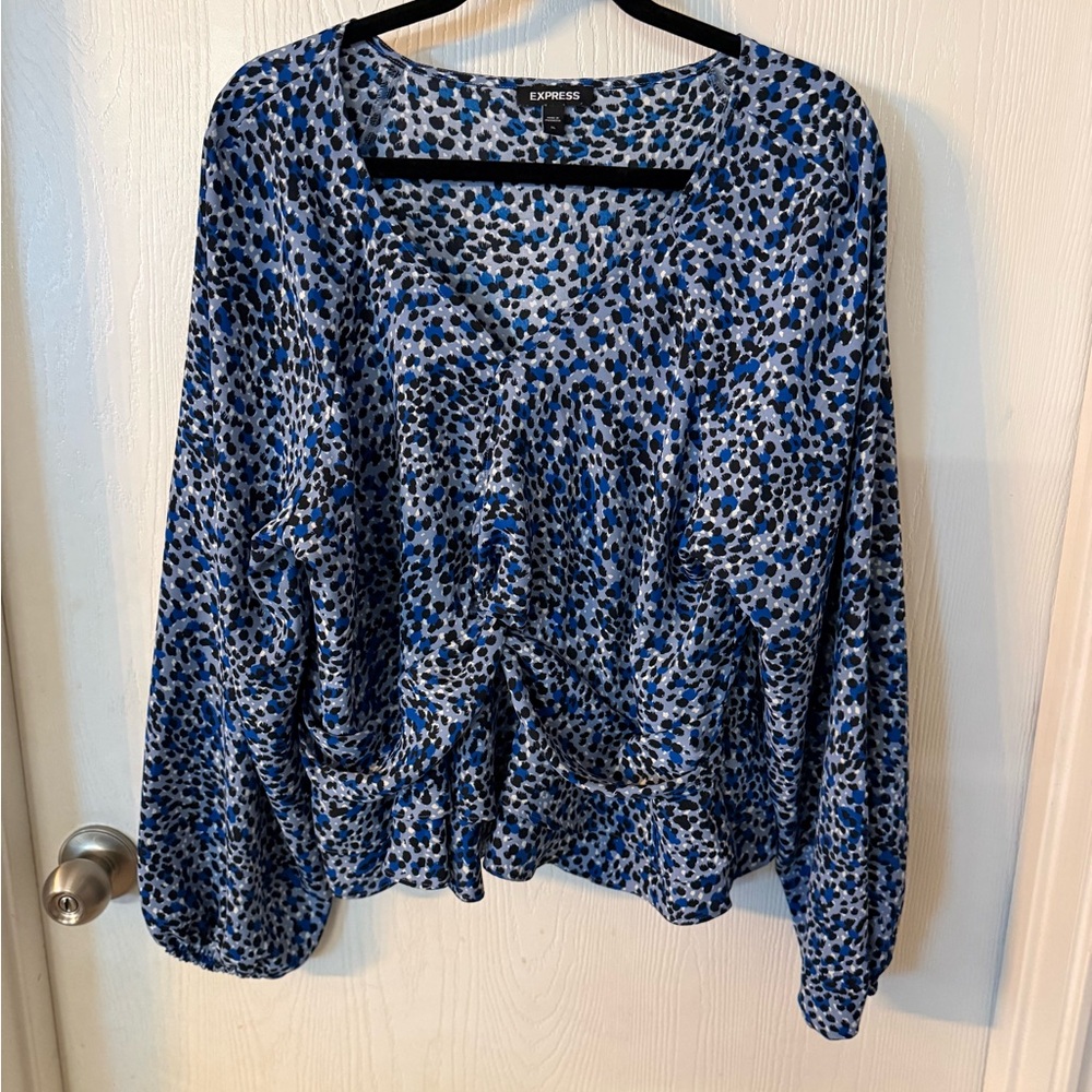 Express Blue and Black Spot Print Long Sleeve Blouse